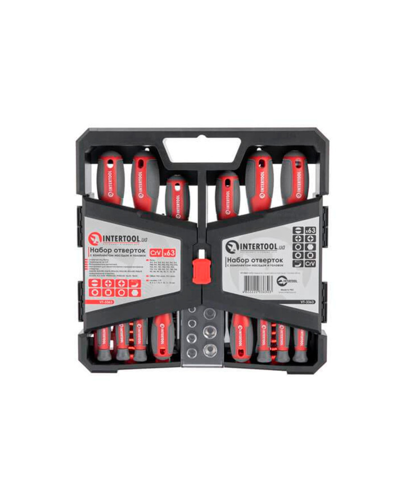 Набір викруток Intertool – PH x SL x T з бітами та головками 63 од. (VT-3363)